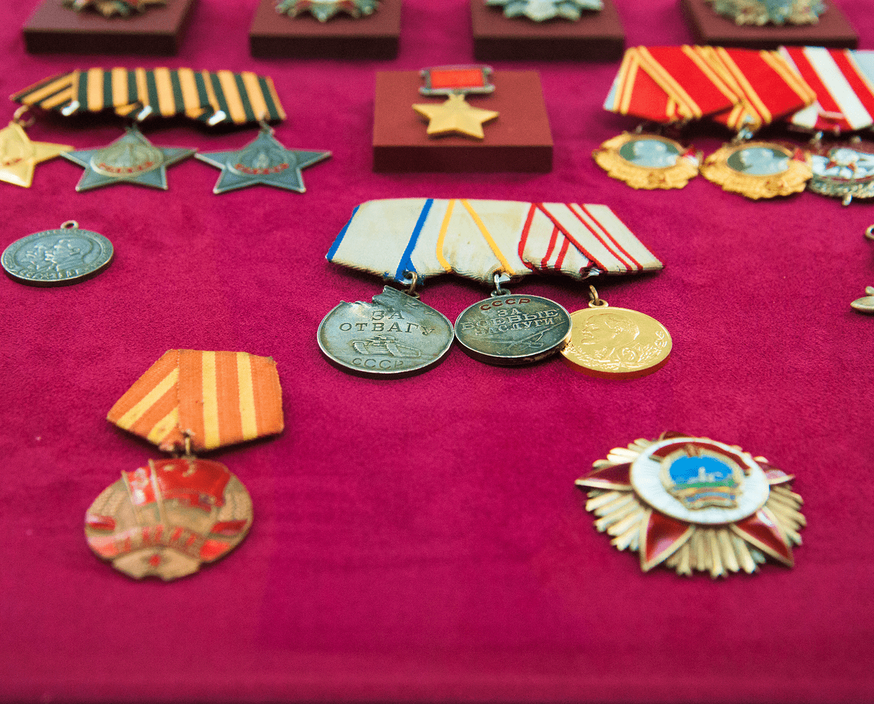 Various military honors on velvet backdrop